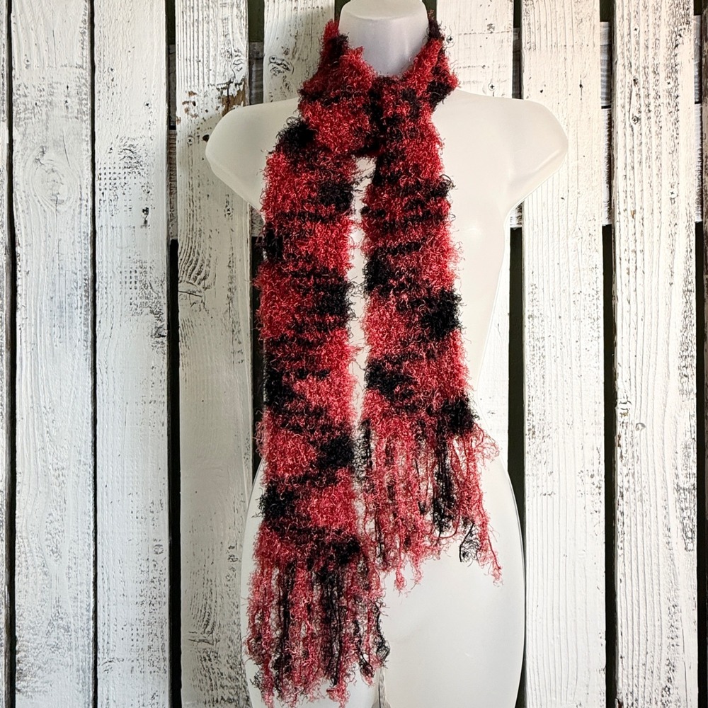 Handmade Crochet Woven Red Black Pink Fuzzy Knit Fringe Scarf One of a Kind Boho - Picture 5 of 10